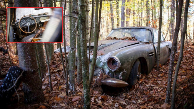 V lese byl nalezen 40 let opuštěný Aston DB4. Teď je na prodej, přesně v tom stavu