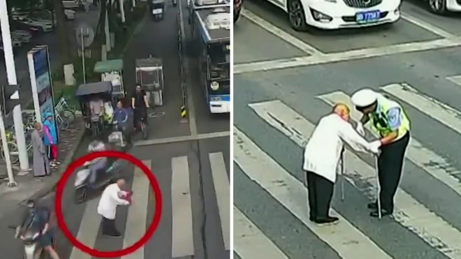 Skutek dopravního policisty dojímá Čínu. Takto pomohl starému muži na přechodu