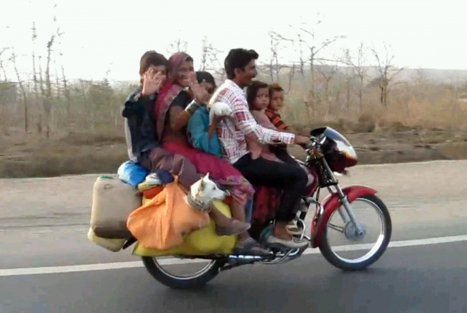 Skutečně potřebujete MPV? V Indii stačí šesti lidem a dvěma psům motorka (video)