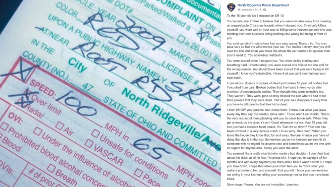 Policista pokutoval teenagera za rychlost, pak poslal srdceryvný vzkaz přes Facebook