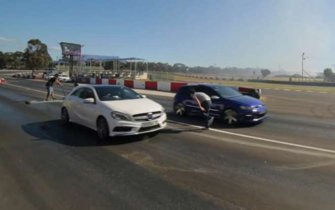 Golf R vs. A45 AMG vs. WRX STi ve sprintu: VW není radno podceňovat (videa)