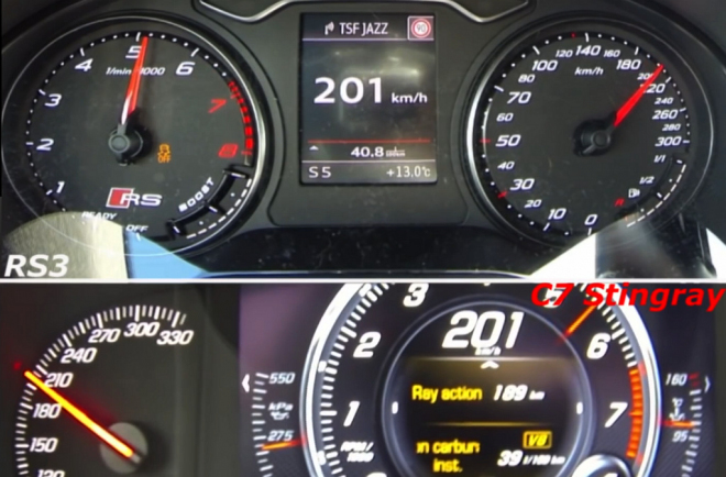 Akcelerace Audi RS3 2015 vs. Corvette C7: má hot hatch na sporťák? (videa)