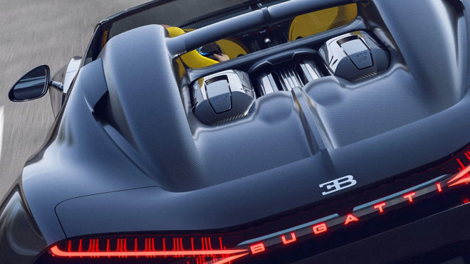 Jediné současné Bugatti vám naservíruje brutální projev motoru 8,0 W16 quad turbo přímo pod nos, je to neskutečný rachot