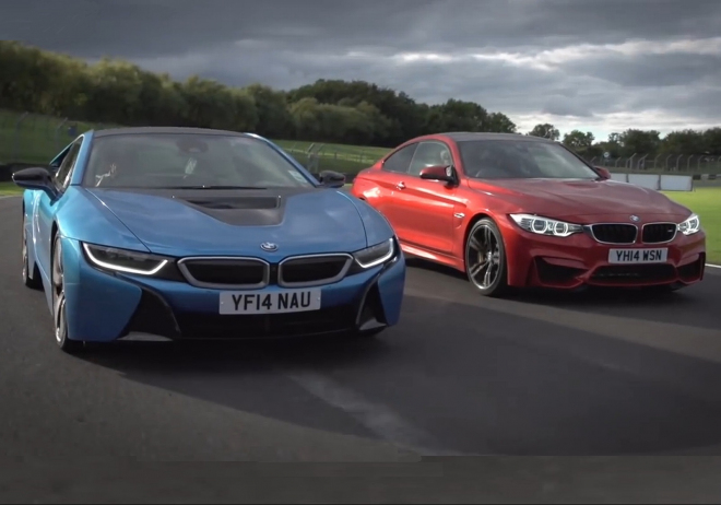 BMW i8 vs. BMW M4 na okruhu: UFO je bez překvapení pomalejší (video)