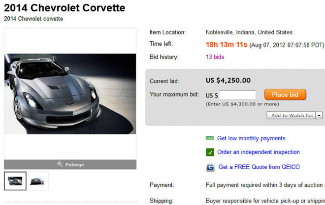 Chevrolet Corvette 2014: nová generace C7 je k mání na eBay, má to ale pár háčků