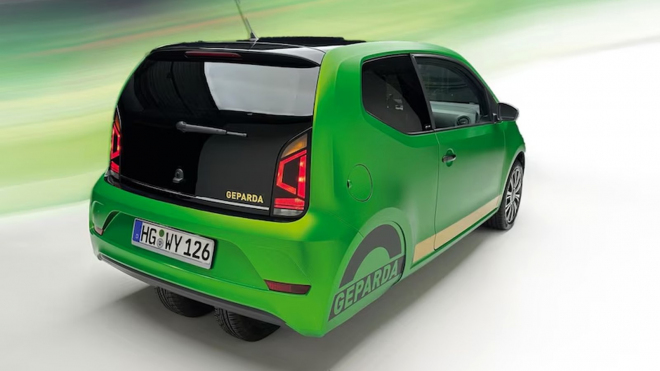 VW up! se vrátil ze záhrobí. Tohle je Geparda a není to aprílový žert, zadní kola nemá jen naoko