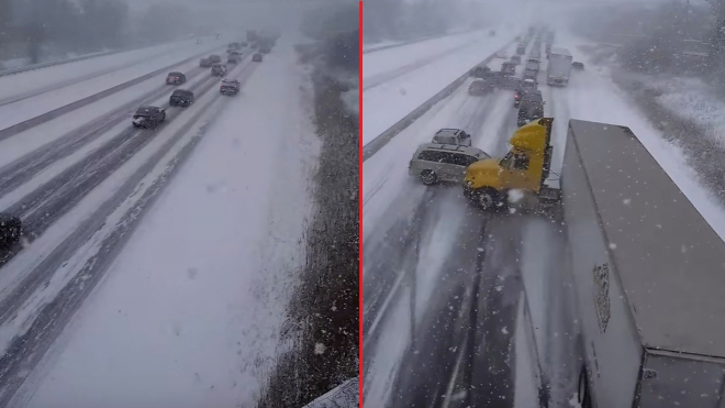 Jak vypadá začátek hromadné nehody na zasněžené dálnici? Podívejte se (video)