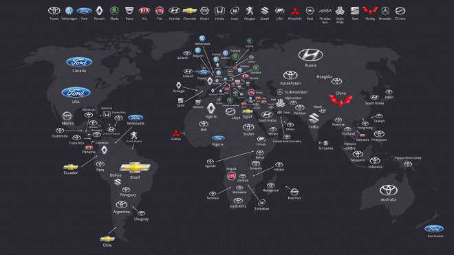 Mapa nejprodávanějších značek aut ve státech světa: VW vládne jen Evropě