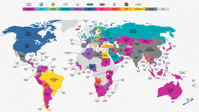 Mapa nejprodávanějších značek i modelů aut světa: ČR se ztrácí, česká práce ne
