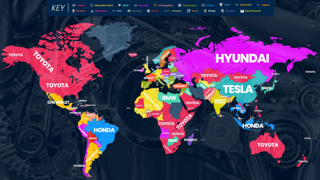 Mapa nejvíce sledovaných značek aut všech zemí světa: V Česku nevládne Škoda