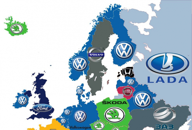 Mapa nejprodávanějších značek aut ve státech Evropy: VW dominuje