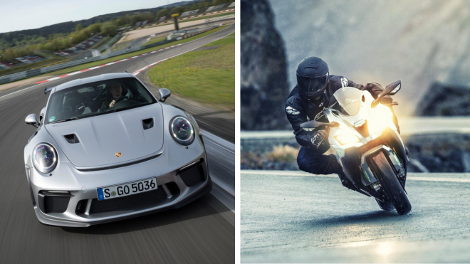 Jedno z nejostřejších Porsche si to rozdalo na nejnáročnějším okruhu s rychlým motorkářem