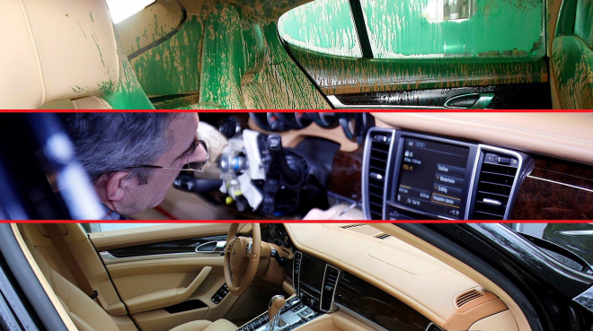 Porsche Panamera zničil vandal barvou interiér. Podívejte se, jak i tohle šlo vyčistit