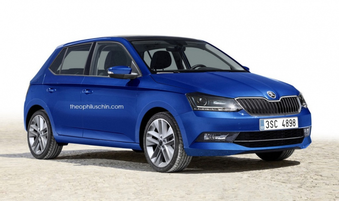 Škoda Fabia s přídí ve stylu Superbu naznačuje podobu budoucího faceliftu (ilustrace)