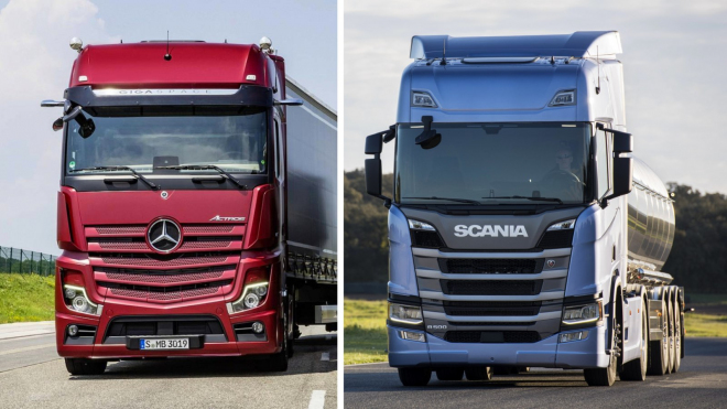 Dva obří kamiony s až 13litrovými motory a 44 tunami si to rozdaly ve sprintu a brzdění