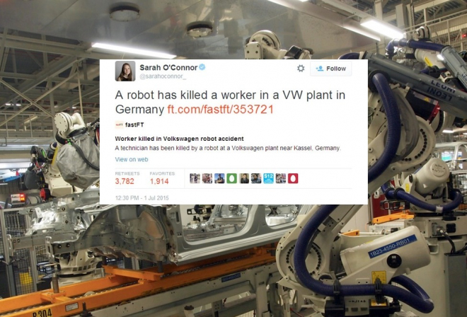 Robot usmrtil montéra v továrně VW. Zprávu rozšířila Sarah O'Connor